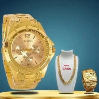 Golden Formal Watch For Men's Ring +Chain Free For Boys