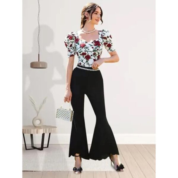 Casual Polyester Blend Deep V Neck Puff Sleeves Stylish Red Top