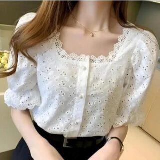 Women Summer White Embroidered Cotton Top