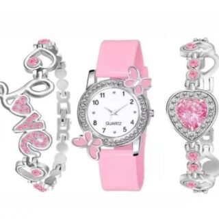 NEW ATTRACTIVE PINK BUTTERFLY DESIGN WATCH & 2 BRACELET COMBO FOR GIRLS & WOMEN